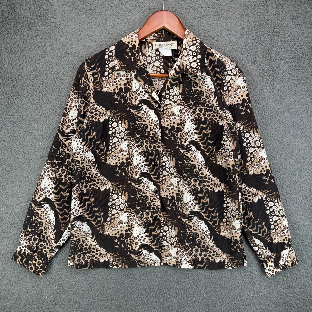 Donnkenny Petite Womens Animal Print Button Up Shirt Brown Leopard Long Sleeve‎